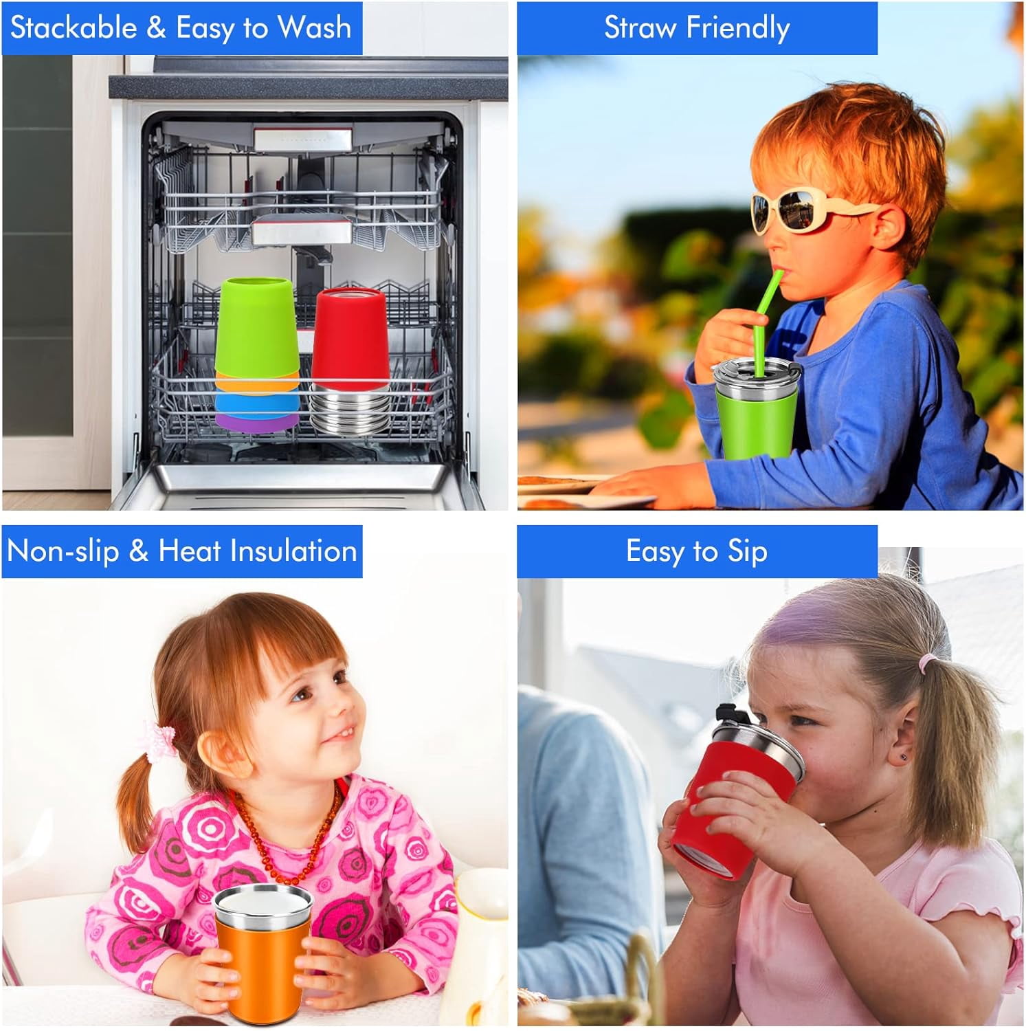 Flantor Kids Cups with Straws and Lids, 8 oz Leak-Proof Stainless Steel Tumblers, Set of 5