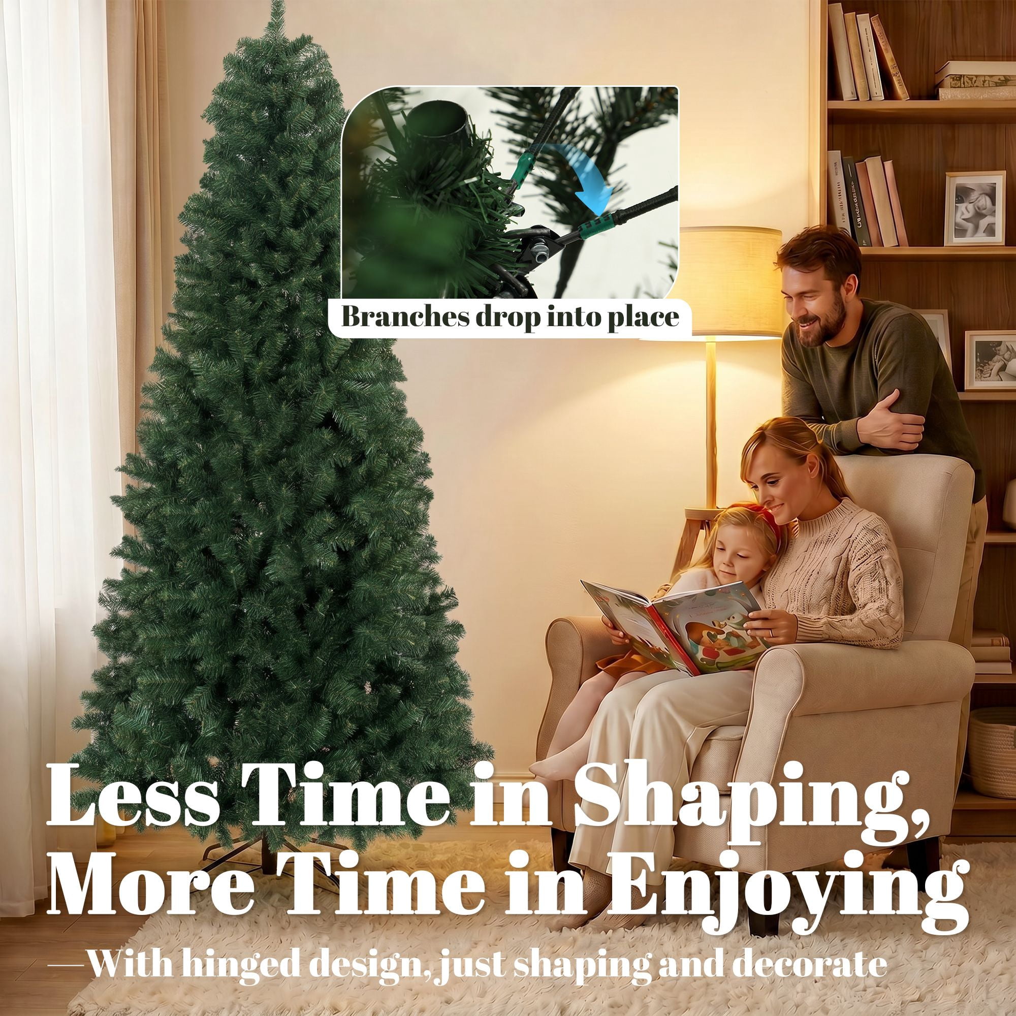 7.5 ft Artificial Christmas Tree, Norway Spruce with 1388 Branch Tips, Hinged Setup, Flame-Retardant, Metal Stand, 45 in Wide, for Living Room and Entryway