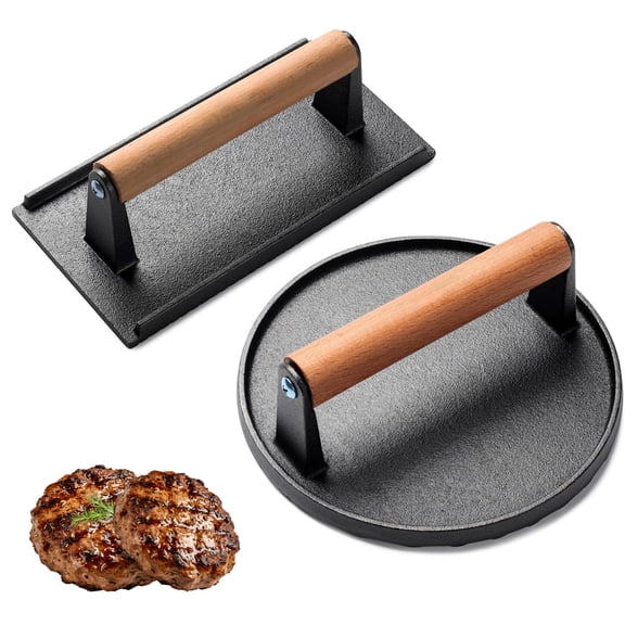 Burger Press Set, 7" Round Smash Burger Press & 8"x4" Rectangle Cast Iron Grill Press with Wooden Handle, Meat Weight Press for Griddle, Sandwiches, Panini, Nonstick Pan