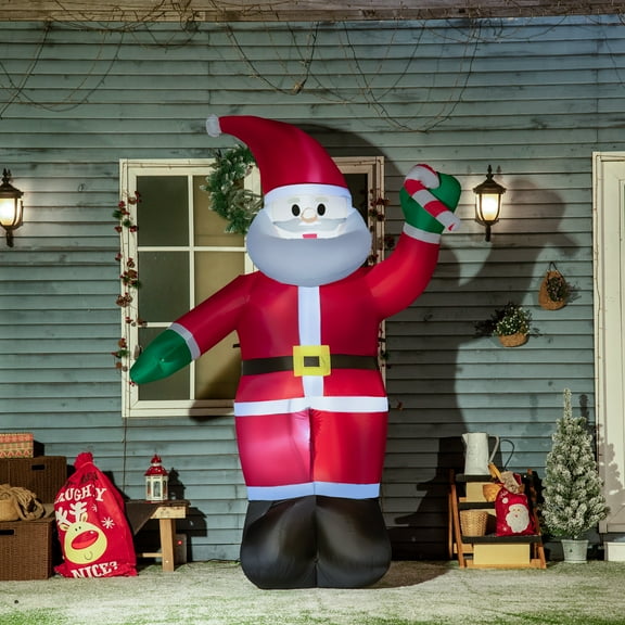 Outsunny 8ft Christmas Inflatables Outdoor Decorations Santa Claus Holds Candy Cane with Furry Beard, Blow-Up LED Yard Christmas Decor for Lawn Garden Party
