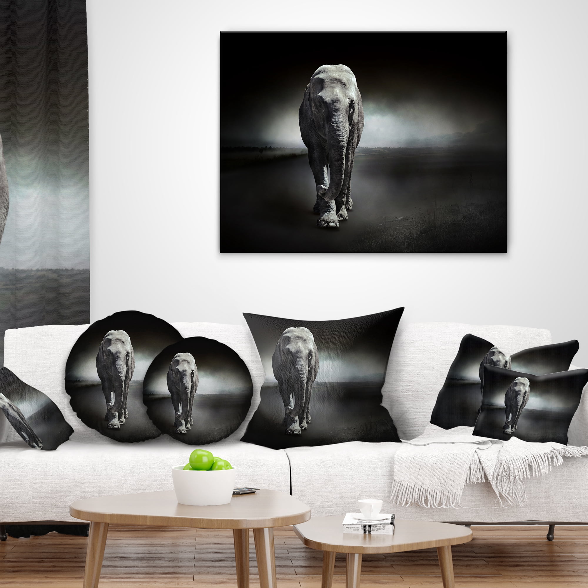 Designart Large Elephant on Black - Animal Throw Pillow - 12x20