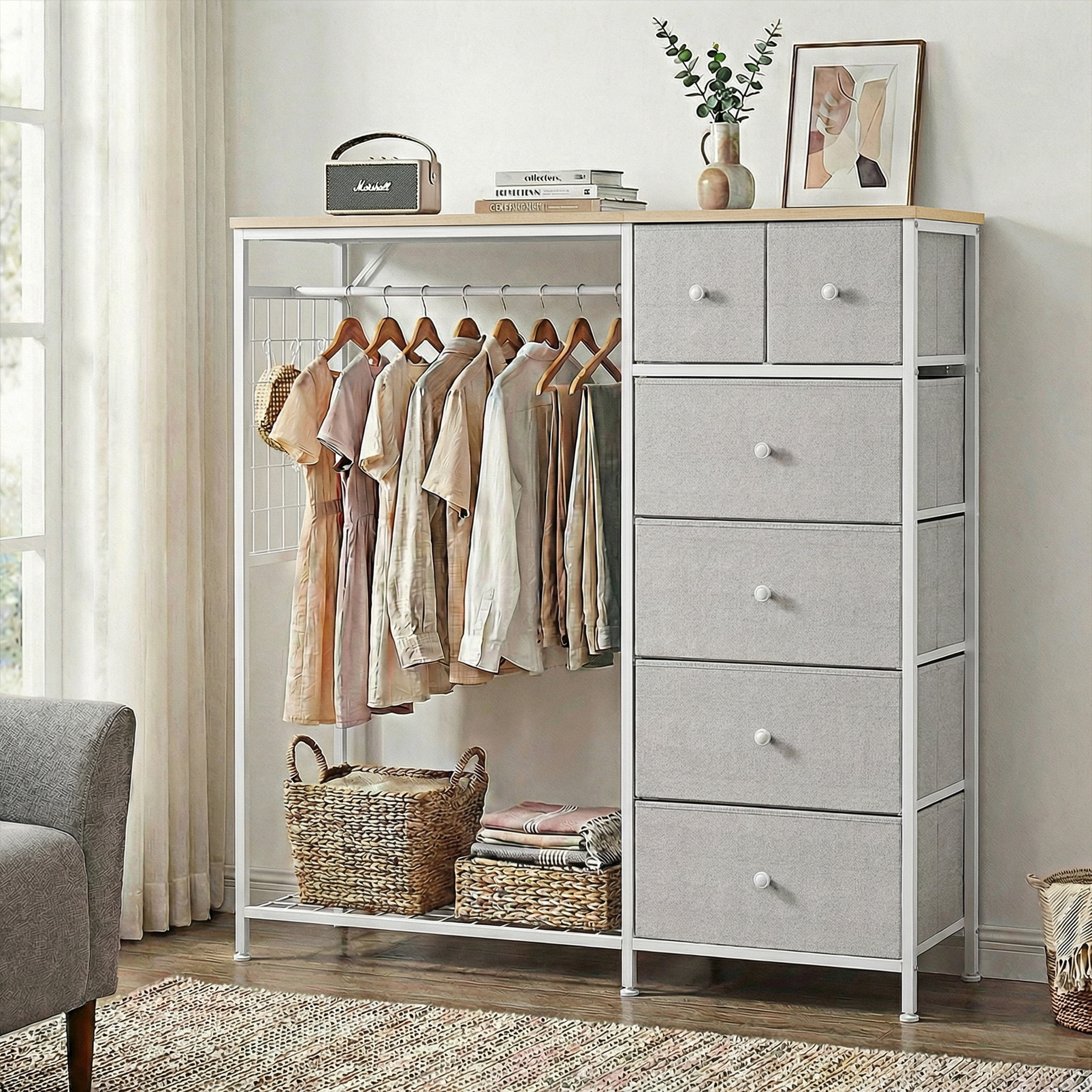 EDX 47.2" H Dresser for Bedroom with Hanging Rack, 6 Drawers Dresser with LED Lights & Charging Station, Fabric Dressers & Chest of Drawers with Rack, Wooden Top, Grid Panel,LightGray