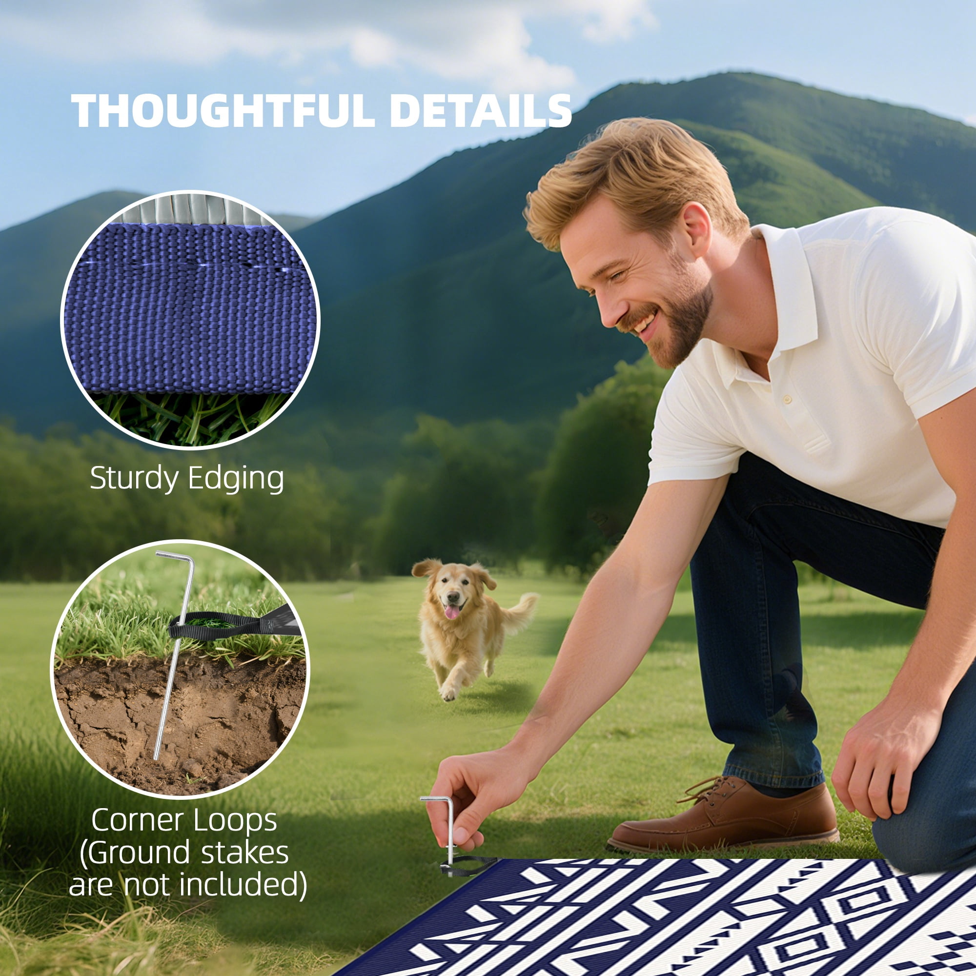 Outsunny Outdoor Patio Rug, Large Camping Carpet with Carrying Bag, 9' x 18' Waterproof Plastic Straw, Reversible, Blue & White Geometric Wall