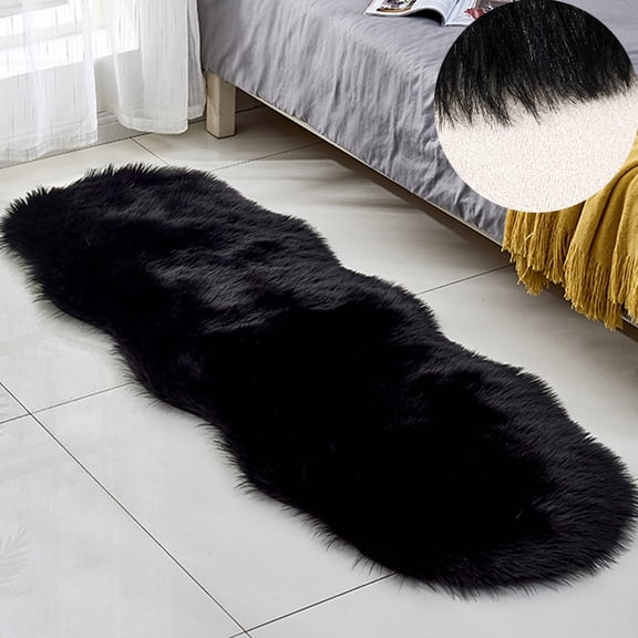 Soft Fluffy Plush Area Rugs 2 x 4ft Black Shaggy Faux Fur Sheepskin Rug Carpet for Bedroom Bedside Living Room Floor Mats