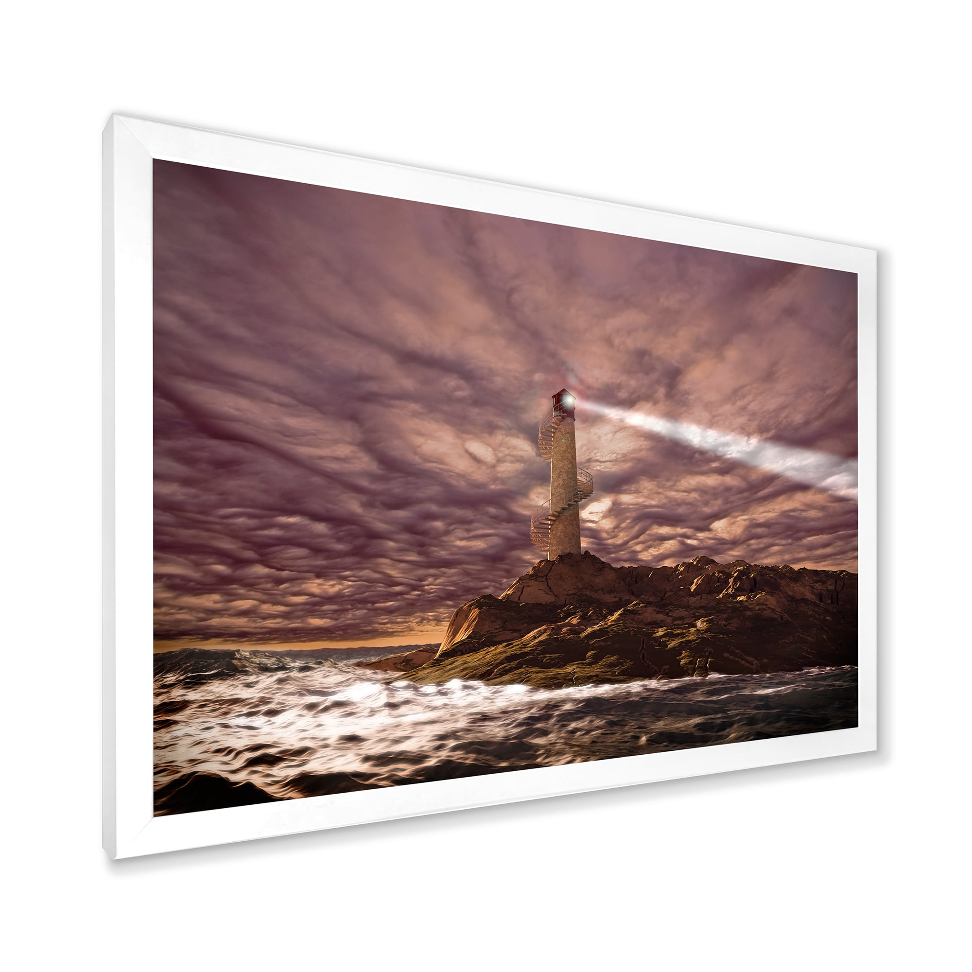 Lighthouse Shining Light During Stormy Clouds Night I 32 in x 24 in Framed Painting Canvas Art Print, by Designart
