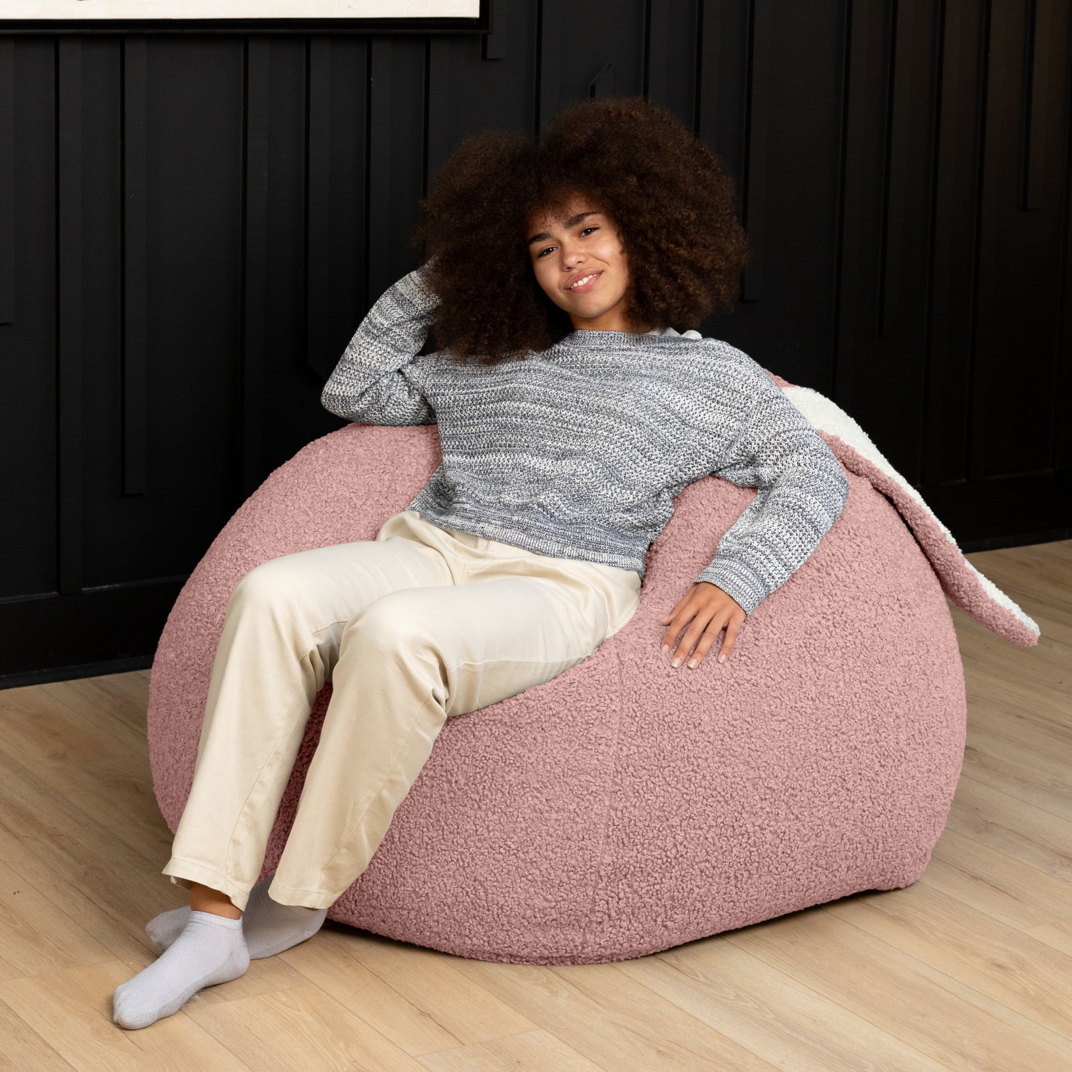 Raven-Symoné Home HopSeat Bunny Oval Shaped Large Bean Bag Chair with Ears, Ultra Soft Shearling - Pink