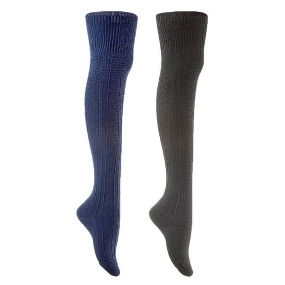Lian Style Women's 2 Pairs Long Lasting, Colorful and Fancy Thigh High Over the Knee High Cotton Socks JMYP1025 Size 6-9 Navy, Black