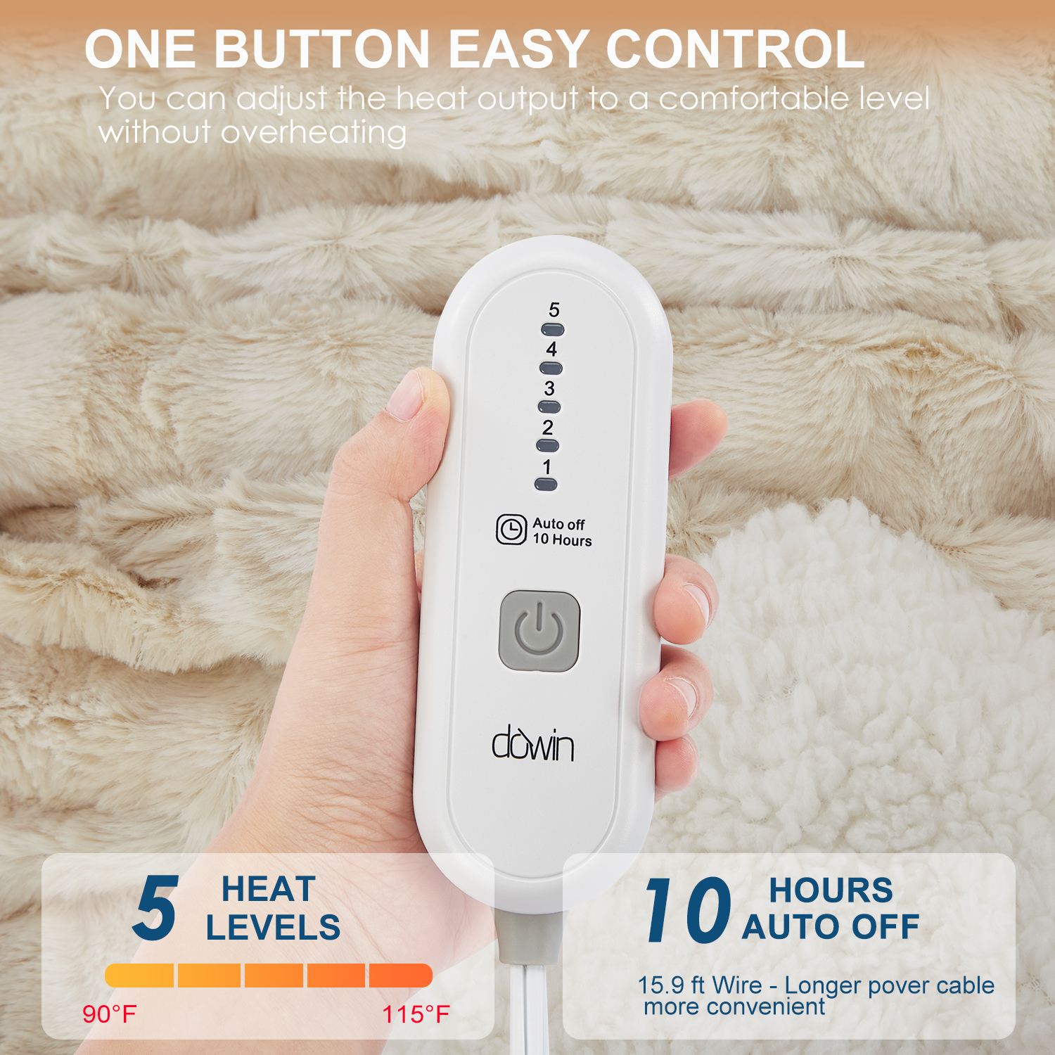 Dowin Faux Fur Electric Blanket Full Size, Tie Dye Heated Blanket 72" x 84" with Single Controller, 5 Heating Levels & 10 Hrs Auto-off,Machine Washable,Beige