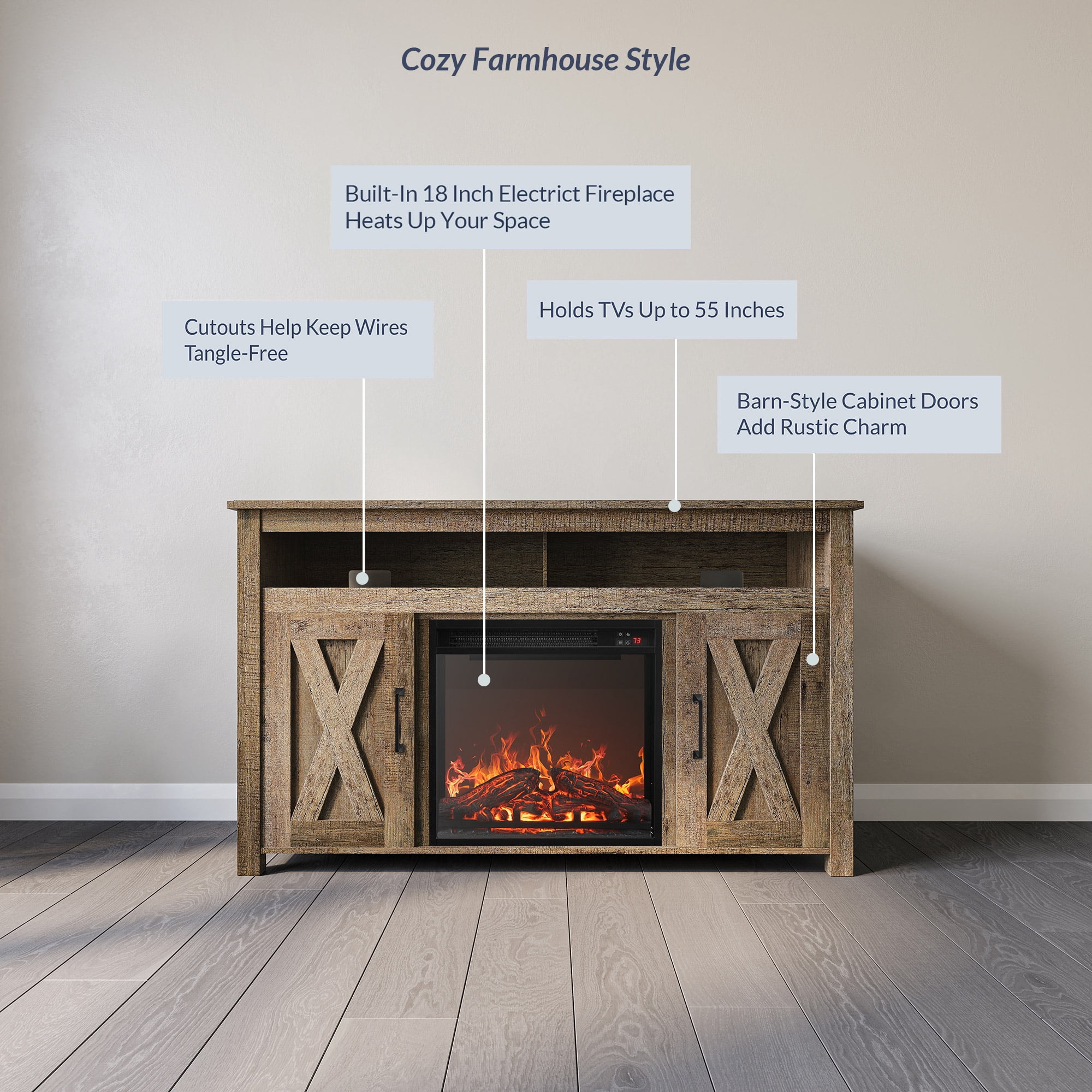 BELLEZE 48" Barn Door TV Stand Media Entertainment Center For TVs up to 50" with 18" Fireplace - Corin (Wood)