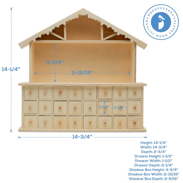 Woodpeckers Wooden Advent Calendar Empty DIY-Pre Assembled Empty Drawers  Refillable Unfinished 15 x 14-1/4 Inch - Walmart.com