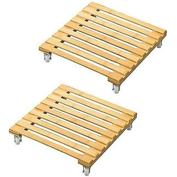 2 Pack Bamboo Plant Stand with Wheels, Heavy Duty Square Plant Flower Pot Mover Outdoor Indoor Mobil