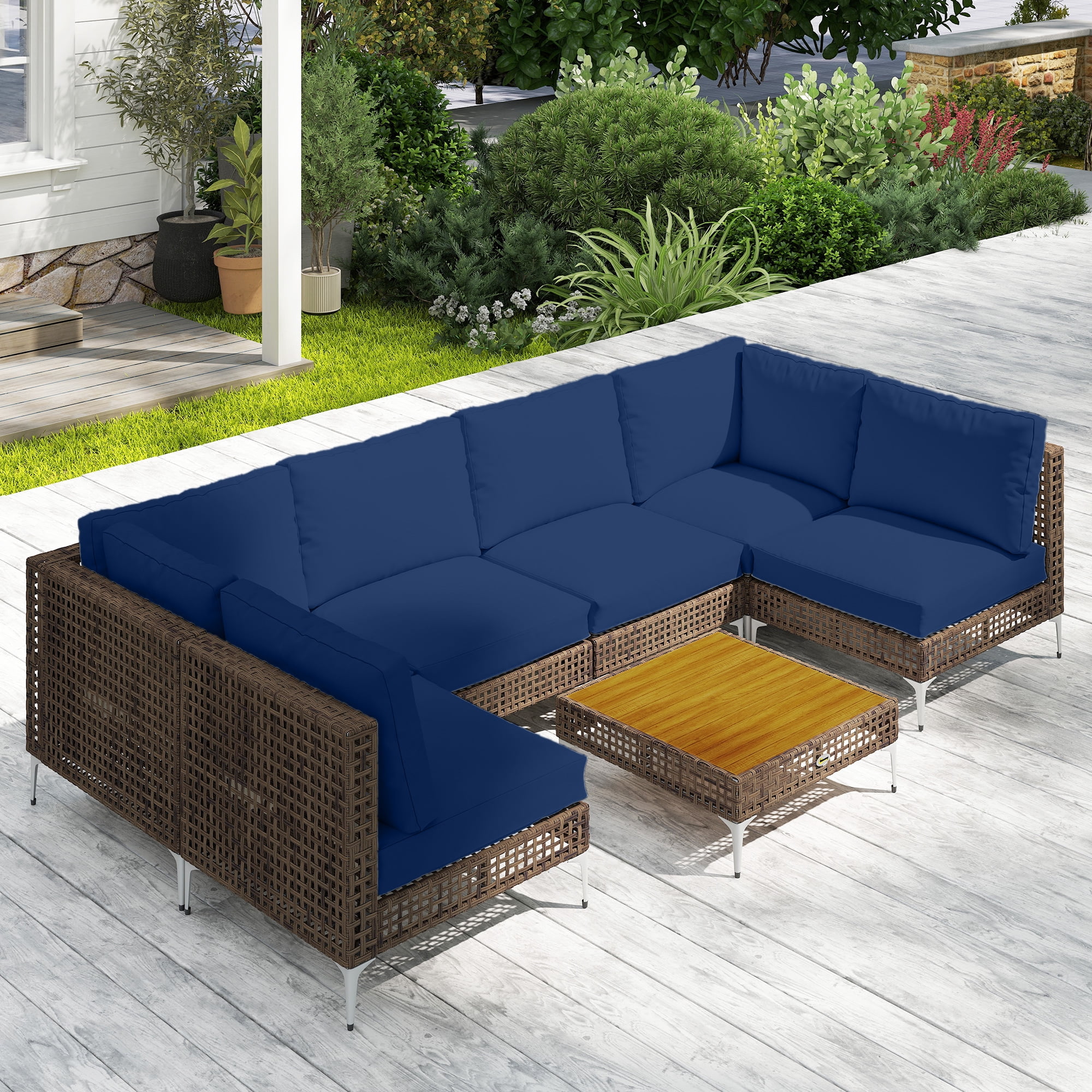 Outsunny 7 Piece Wicker Patio Furniture Set, Modular Outdoor Sectional Conversation Set with Thickened Cushions, Acacia Wood Table, Brown/Dark Blue