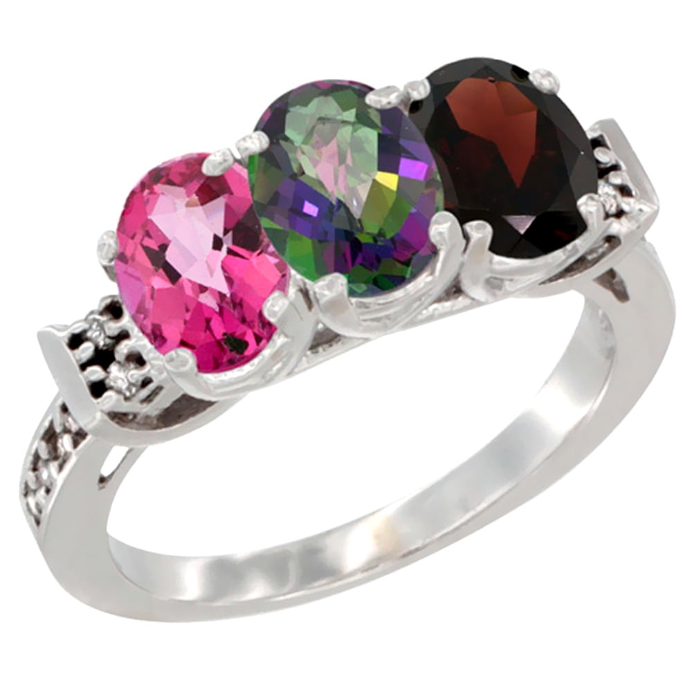 10K White Gold Natural Pink Topaz, Mystic Topaz & Garnet Ring 3-Stone Oval 7x5 mm Diamond Accent, sizes 5 10 by WorldJewels