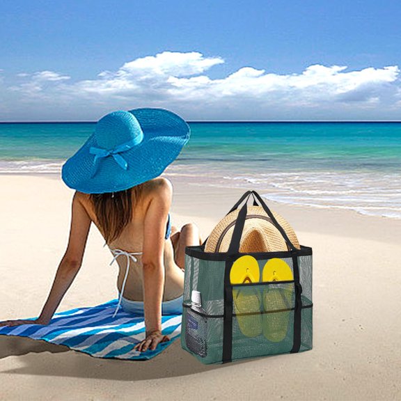 Miogawg Mesh Beach Bag, Large Beach Tote Bag With Multiple Pockets, Foldable Lightweight Family Beach Bag For Toys & Vacation Essentials