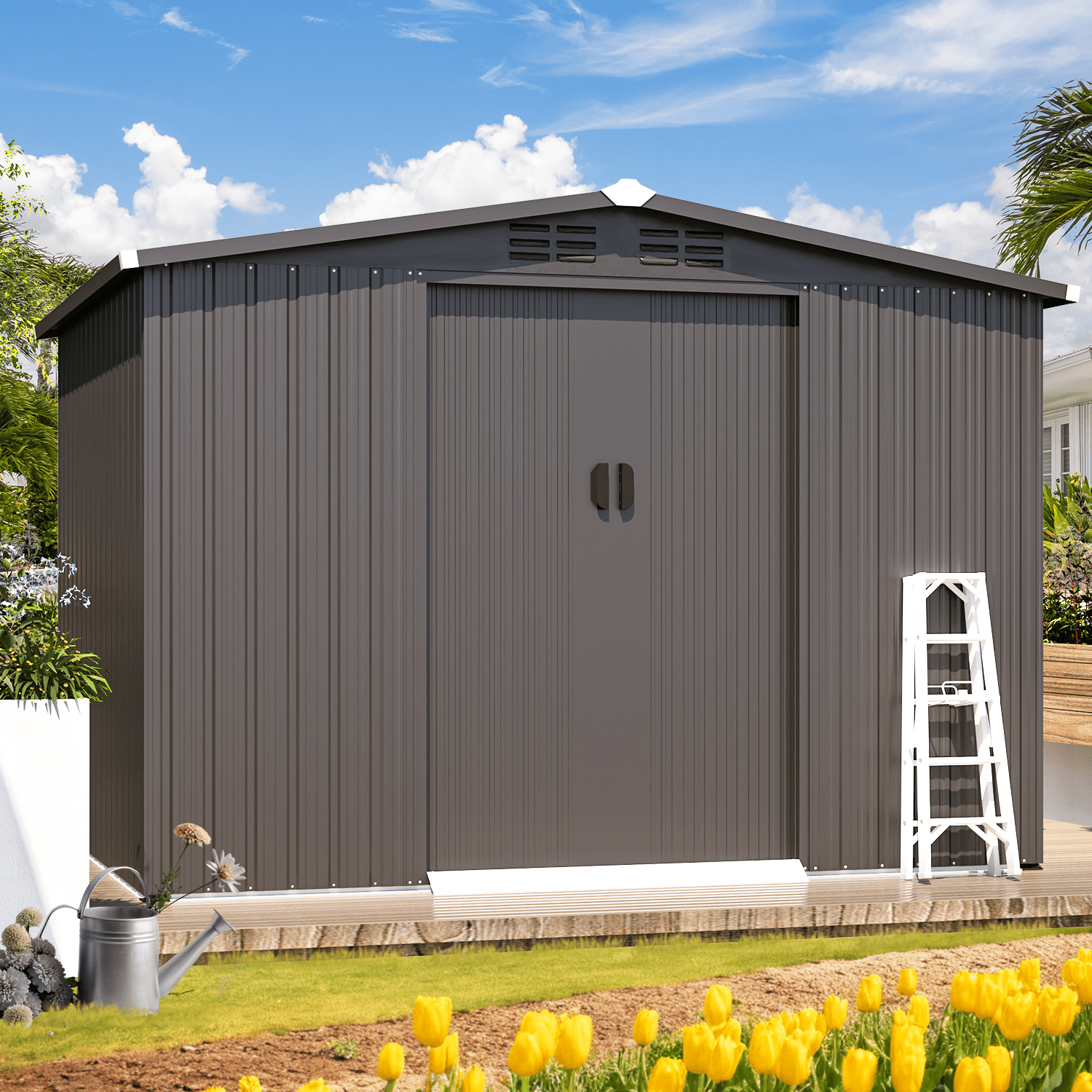 YODOLLA 8 x 6 ft. Outdoor Metal Storage Shed with Lockable Door Patio Garden Storage Building in Dark Gray for Outside