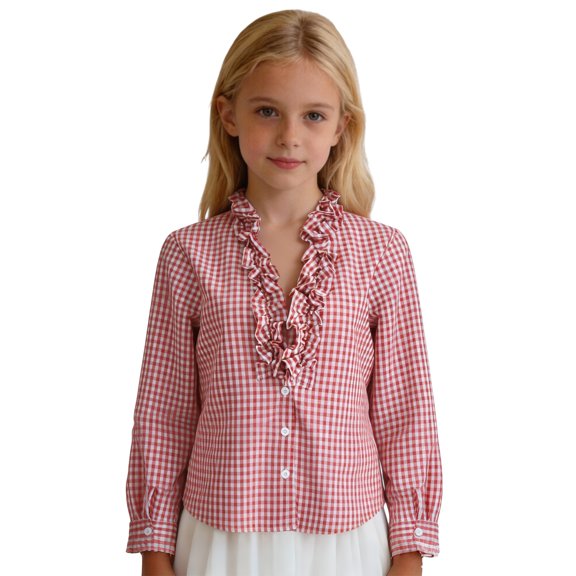 GobdXE Girls Cotton Gingham Ruffle V Neck Button Down Long Sleeve Blouse Casual Daily Wear