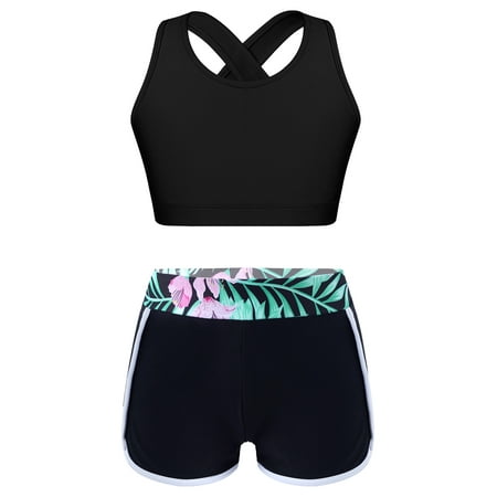 TTAO Kids Girls Crop Top and Booty Shorts 2 Pieces Tankini Set Swimsuit Dance Sports Bra and Shorts Set Lily 12