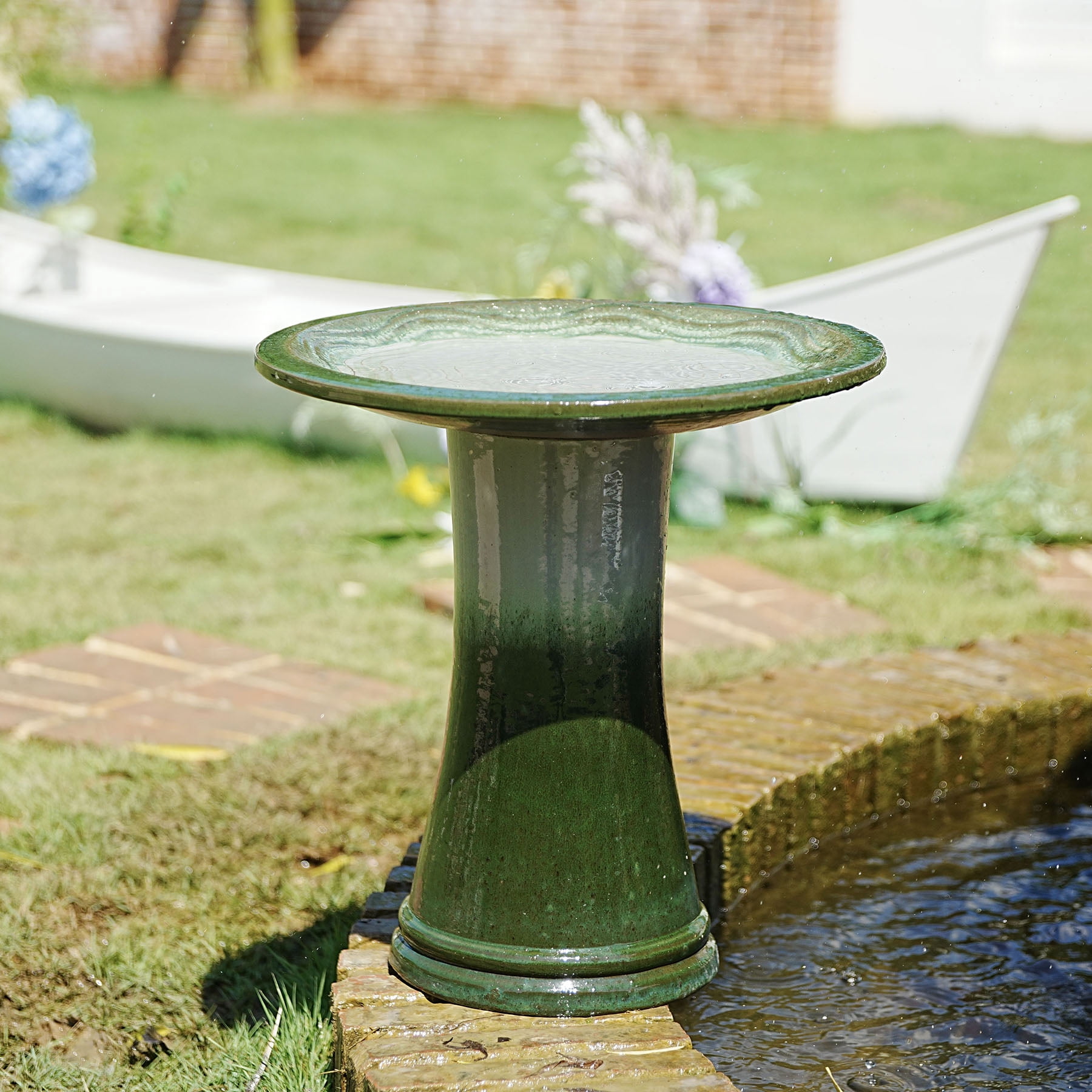 S-HOME Handcrafted 17 Inch Ceramic  Tall Outdoor Bird Bath Featuring Swirl Pattern Design For Bird Lovers, Grass Green