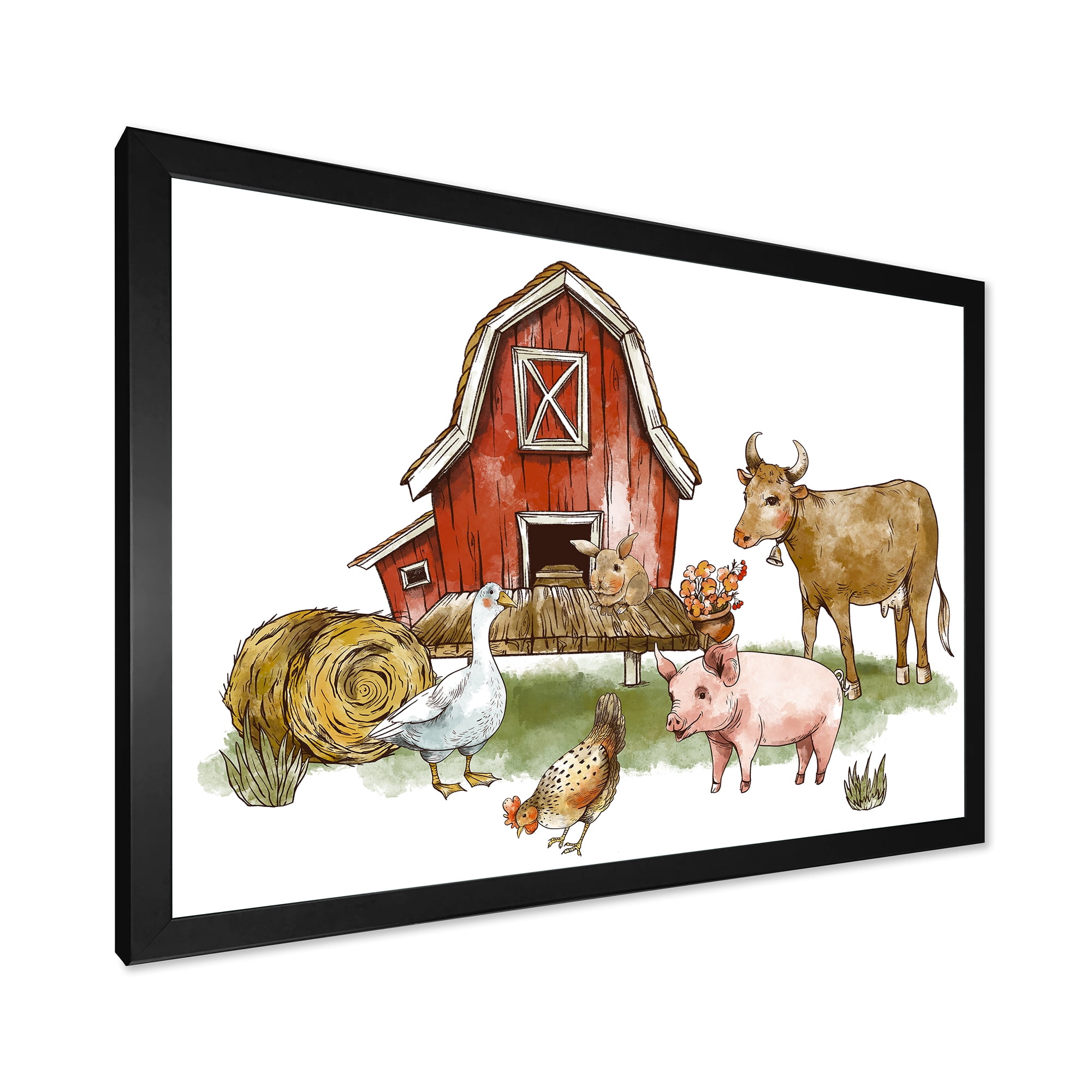 Designart 'Farm House With Goose Cow Pig Chicken and Haystack' Rustic Framed Art Print