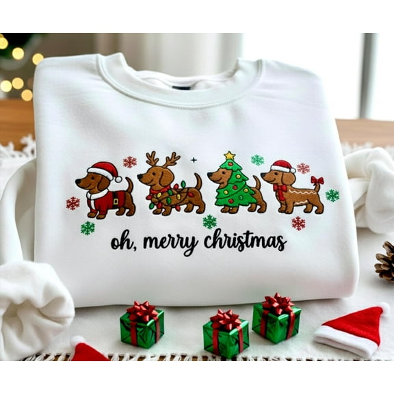 Embroidered Dachshund Christmas Sweatshirt: Festive Wiener Dog Crewneck