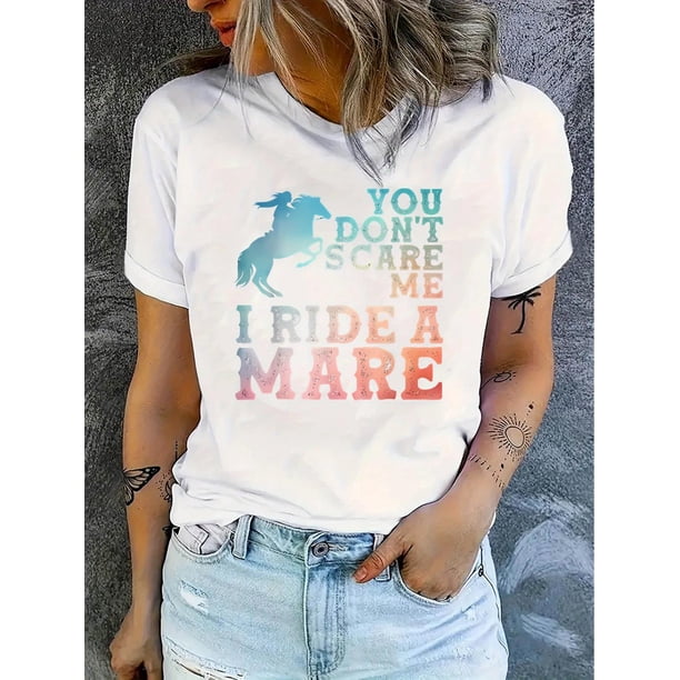 Playera Deportiva Manga Corta Mujer Dry-Fit1pc Women'S Casual Polyester T-Shirt with Horse Silhouette Graphic, Round Neck, Short Sleeve, Comfortable Summer Top, Fashionable Gradient Lettering, All S