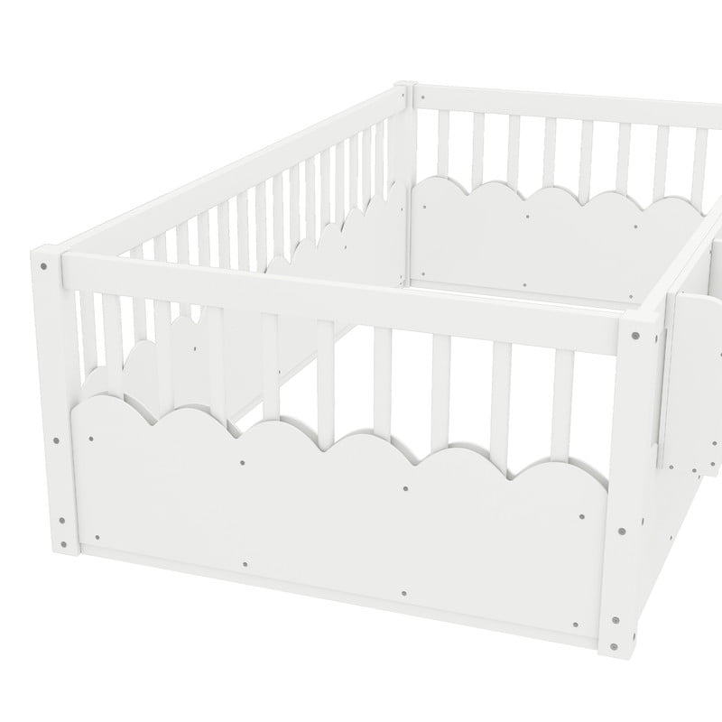 Twin Size Floor Bed with Heightened Fence, Kids Platform Bed Frame with No Slat, Montessori Storage Bed with Bookshelf