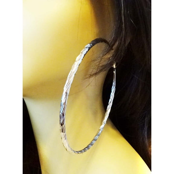 Large Hoop Earrings Silver Tone Steel Post Swirl Tube Hoops 4 inch Hoops