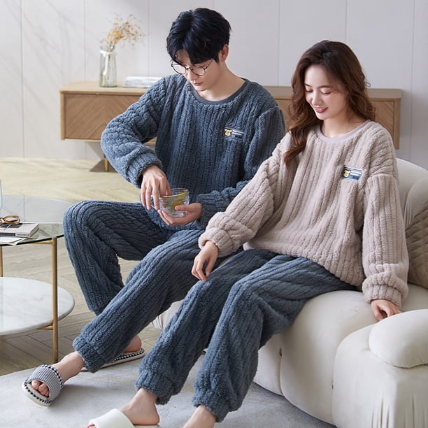 Pijamas de pareja de otoño e invierno con forro polar grueso y cálido de coral para mujer, conjunto de ropa de invierno para el hogar con bonitos dibujos animados para hombre