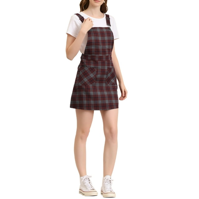 INSPIRE CHIC Robe Salopette à Carreaux de Noël pour Femme à Bretelles Ajustables S Rouge Vin