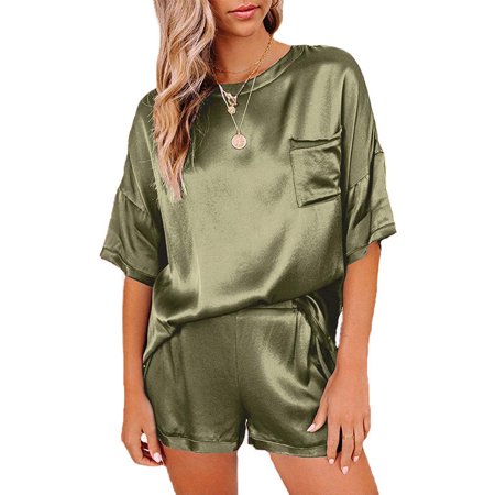 

Womens Silk Satin Pajamas Sets Solid Short Sleeve Nightwear Sleepwear Pjs Loungewear Sleepsuit