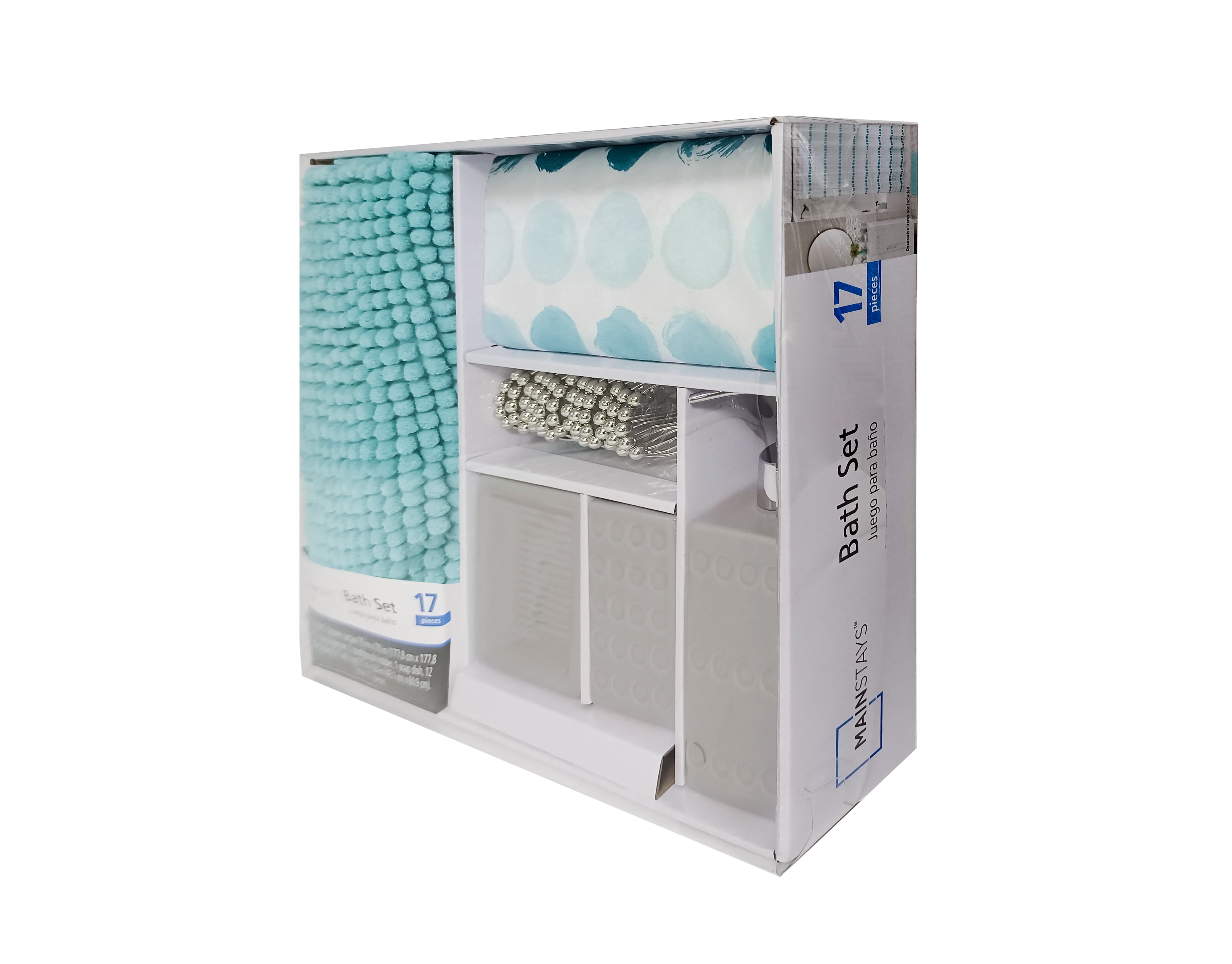 Mainstays 17-Piece Polka Dot Polyester/Ceramic Shower Curtain & Bathroom Accessory Set, Multi-Color