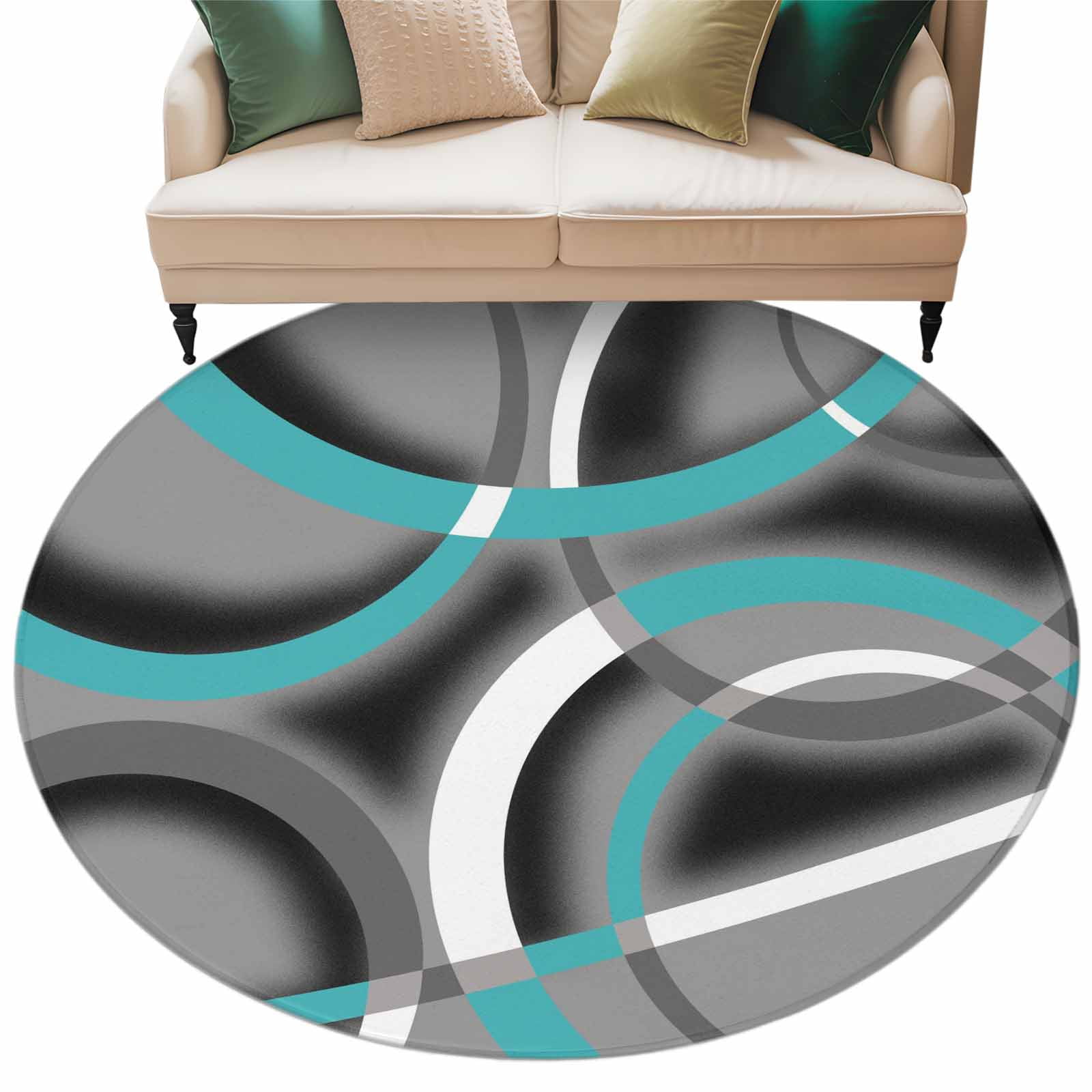 Modern Abstract Art Round Living Room Rugs 5 ft, Retro Blue Grey Geometric Circle Washable Area Rug with Non-Slip Sturdy Edge Binding Round Carpet for Entryway Kitchen Bedroom Bathroom