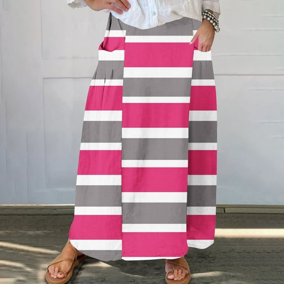 WXLWZYWL Women's Linen Maxi Skirt with Pockets - Floral Print Casual Elastic Waistband Flared Long Skirt 2024 Fall Fashion