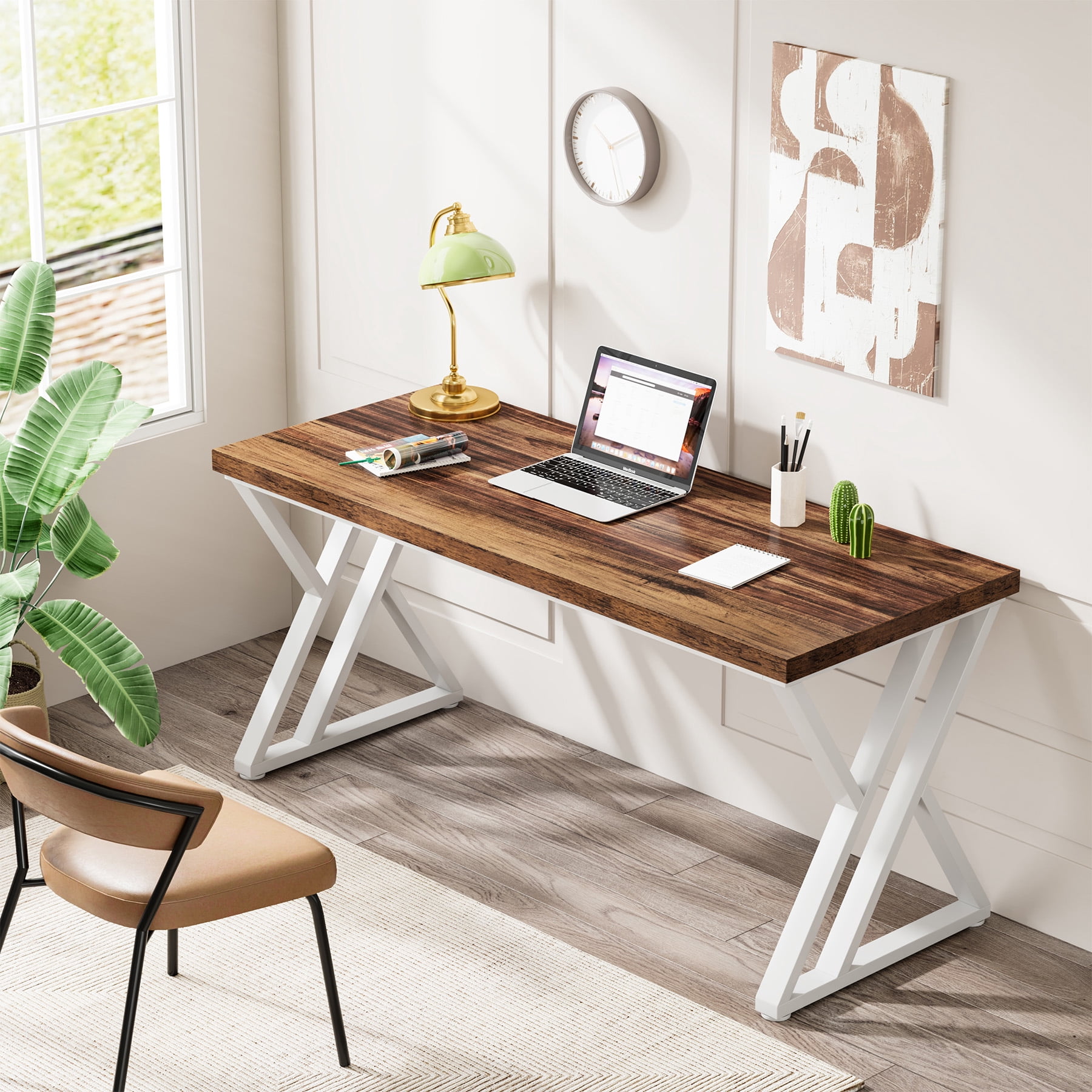 Tribesigns Writing Computer Desk, 55-Inch Modern Simple Study Desk with Z-Shaped Metal Leg, Walnut/White