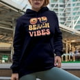 thumbnail image 2 of Beach Vibes with Sunglasses, Ocean, Sea or Summer Themed, Groovy Retro Wavy Text Merch Gift, Navy Blue Hooded Sweatshirt or Hoodie, Medium, 2 of 5