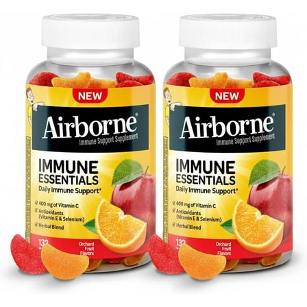 Airborne 400mg Vitamin C Gummies for Adults & Children, Immune Essentials Daily Immune Support Supplement with Vitamins C & E - Orchard Fruit Flavor, 132 Gummies (Pack of 2)