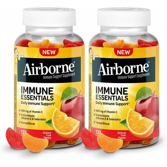 Airborne 400mg Vitamin C Gummies for Adults & Children, Immune Essentials Daily Immune Support Supplement with Vitamins C & E - Orchard Fruit Flavor, 132 Gummies (Pack of 2)