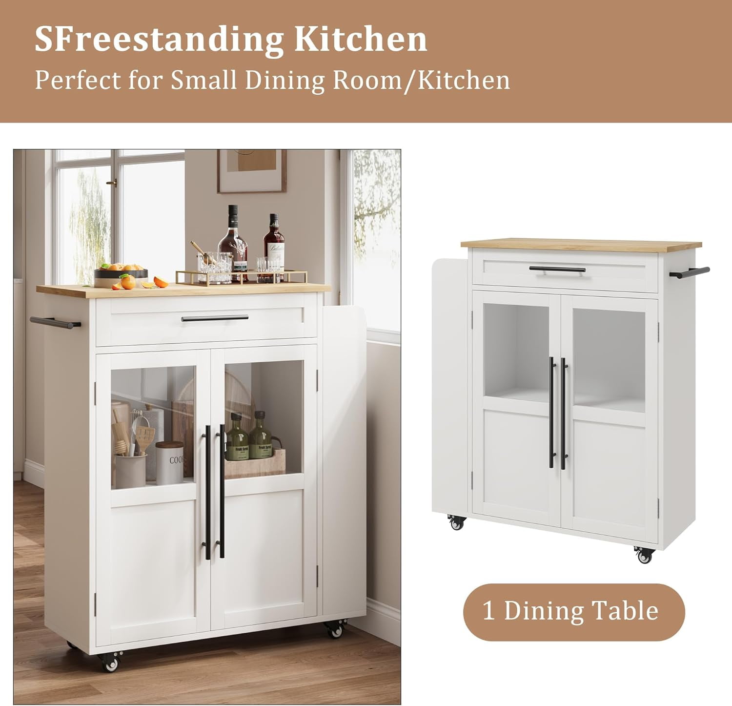 Rolling Kitchen Island with Drawer Mobile Wooden Cart with Storage Cabinet & 3-Tier Spice Rack, Thick Solid Wood Top Trolley 48" Farmhouse Coffee Bar Station with Glass Door Cabinet Spice Rack & Towel