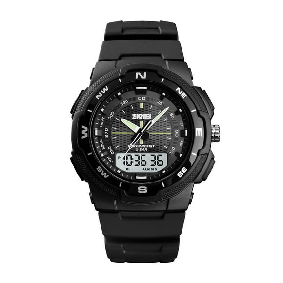 SKMEI SKMEI 1454 Men's Sport Digital Analog Watch with 5ATM Water Resistance, Luminous Display, Alarm, Stopwatch, and Multiple Time Zones - Black Case, White Dial