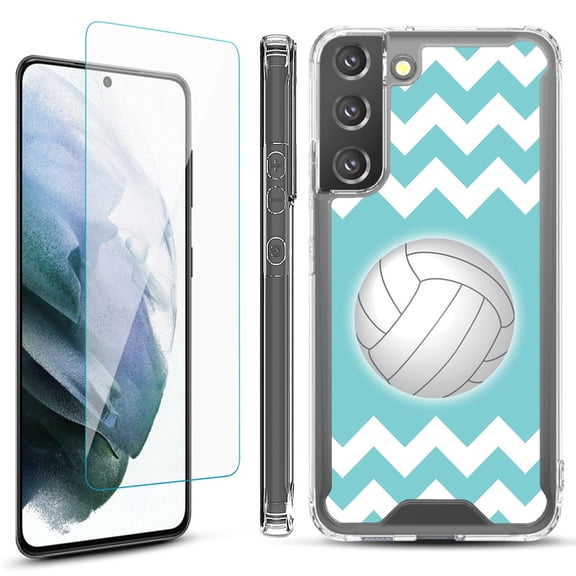 Shockproof Bumper Phone Case for Samsung Galaxy S22  / S22 Plus 5G, with Tempered Glass Screen Protector, by OneToughShield ® - Chevron/Volleyball
