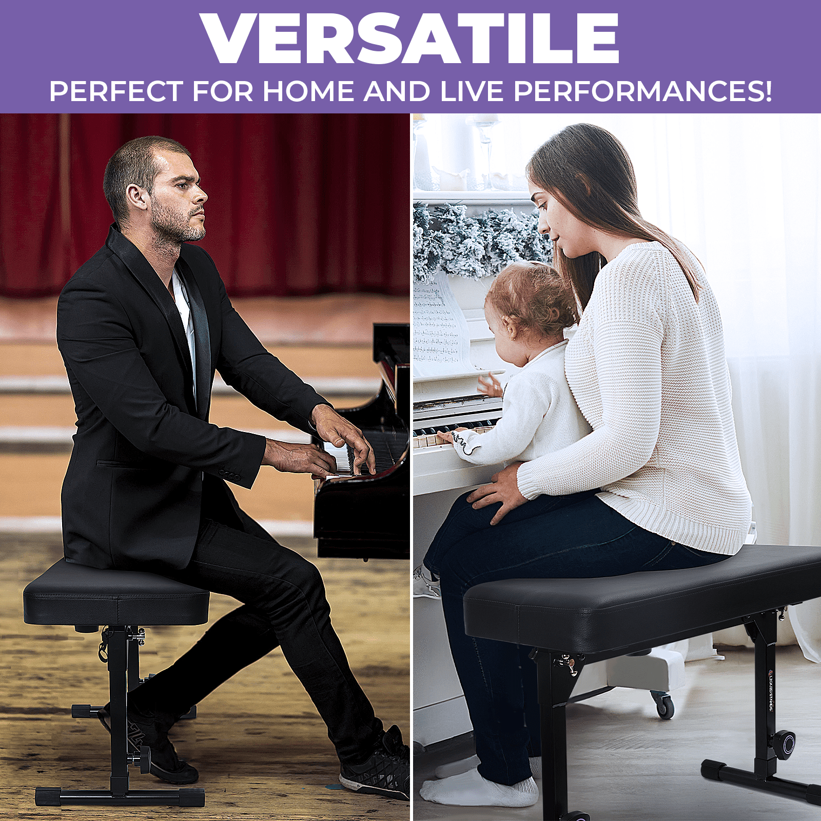 Liquid Stands Foldable Dual Adjustable Piano Bench Stool - Piano Keyboard Bench Seat for Piano Keyboard Stand with Black Padded Cushion for Musicians Piano Stool Chair