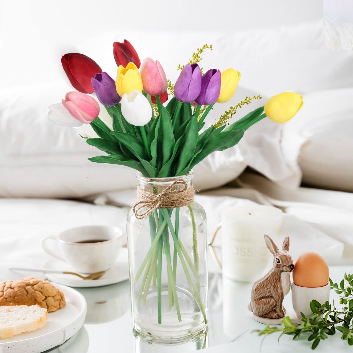 HAOSHICS 30pcs Artificial Tulips Flowers Fake Latex Tulip Stems - Real Touch Faux Colorful,for Easter Spring Wedding Bouquet Centerpiece Floral Arrangement Wedding Table Decor (Multi-color02)