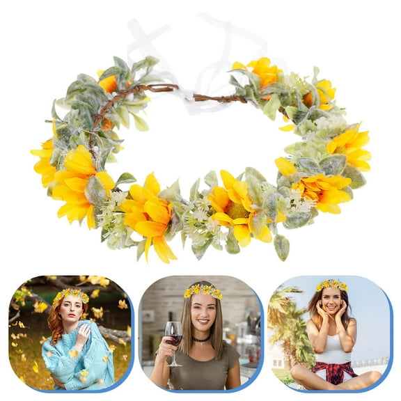 BESTOYARD Floral Bride Wreath Headband Yellow Sunflower Hair Ornament for Wedding