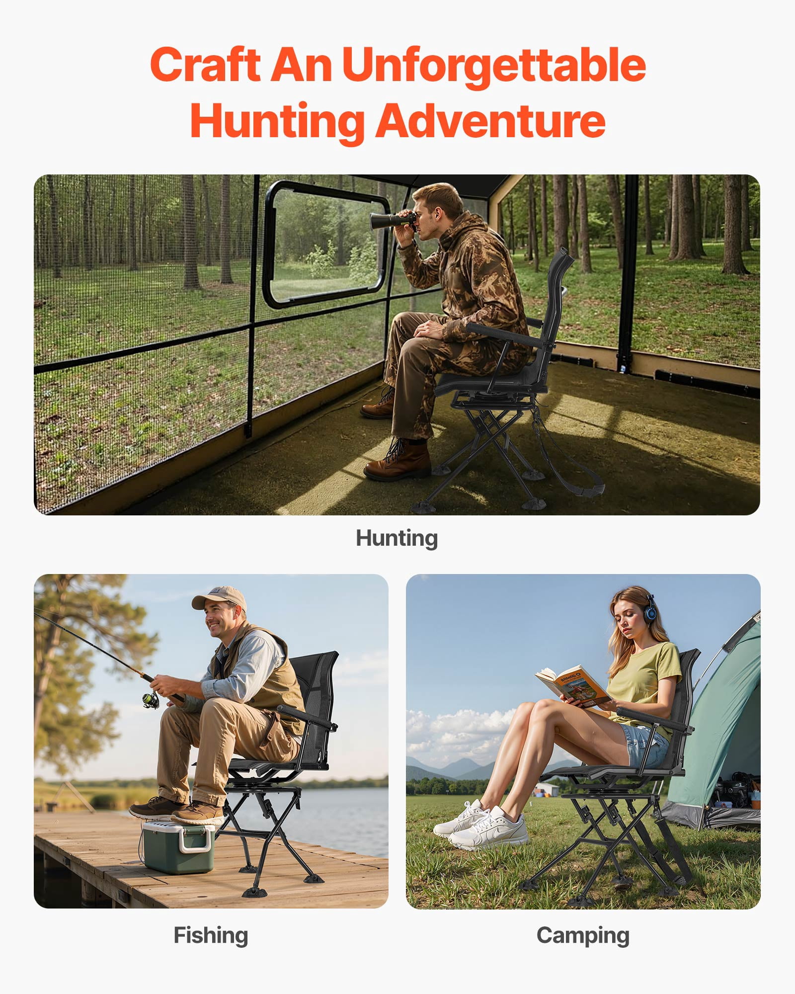 VEVOR Hunting Chair, 360° Silent Swivel, Foldable Portable Blind Chair, Heavy-Duty Steel Frame Ground Stool Seat, with Armrests, Adjustable Carry Strap, Anti-Sink Feet, 300 Lbs Capacity for Fishing