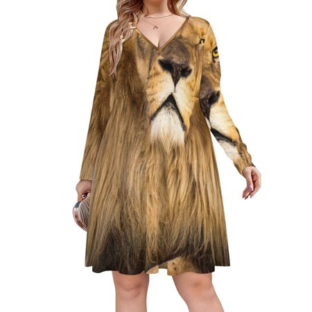 Bybiment Women's Plus Size Midi Dresses, Wild Lions South Africa Summer Casual T Shirt Dress, Oversized Long Sleeve Loose Fit Going Out Dresses, 6XL