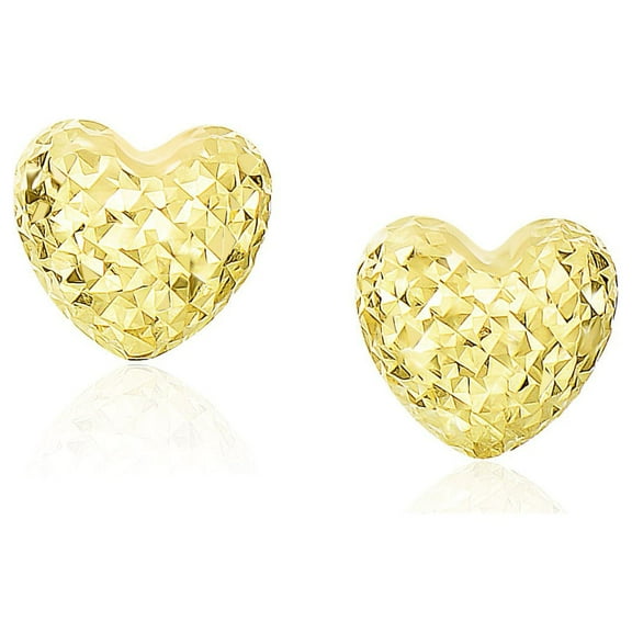 14k Yellow Gold Puffed Heart Earrings Diamond Cuts Weight 1.2 grams