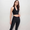 thumbnail image 3 of Women's Ribbed Halter Crop Tank Top with Deep V Neckline Seam Detailing - Black, Medium, 3 of 5