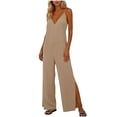 thumbnail image 3 of Wide Leg Jumpsuits for Women Adjustable Spaghetti Strap V Neck Split One Piece Long Romper Pants Dressy Casual (M, Khaki), 3 of 8