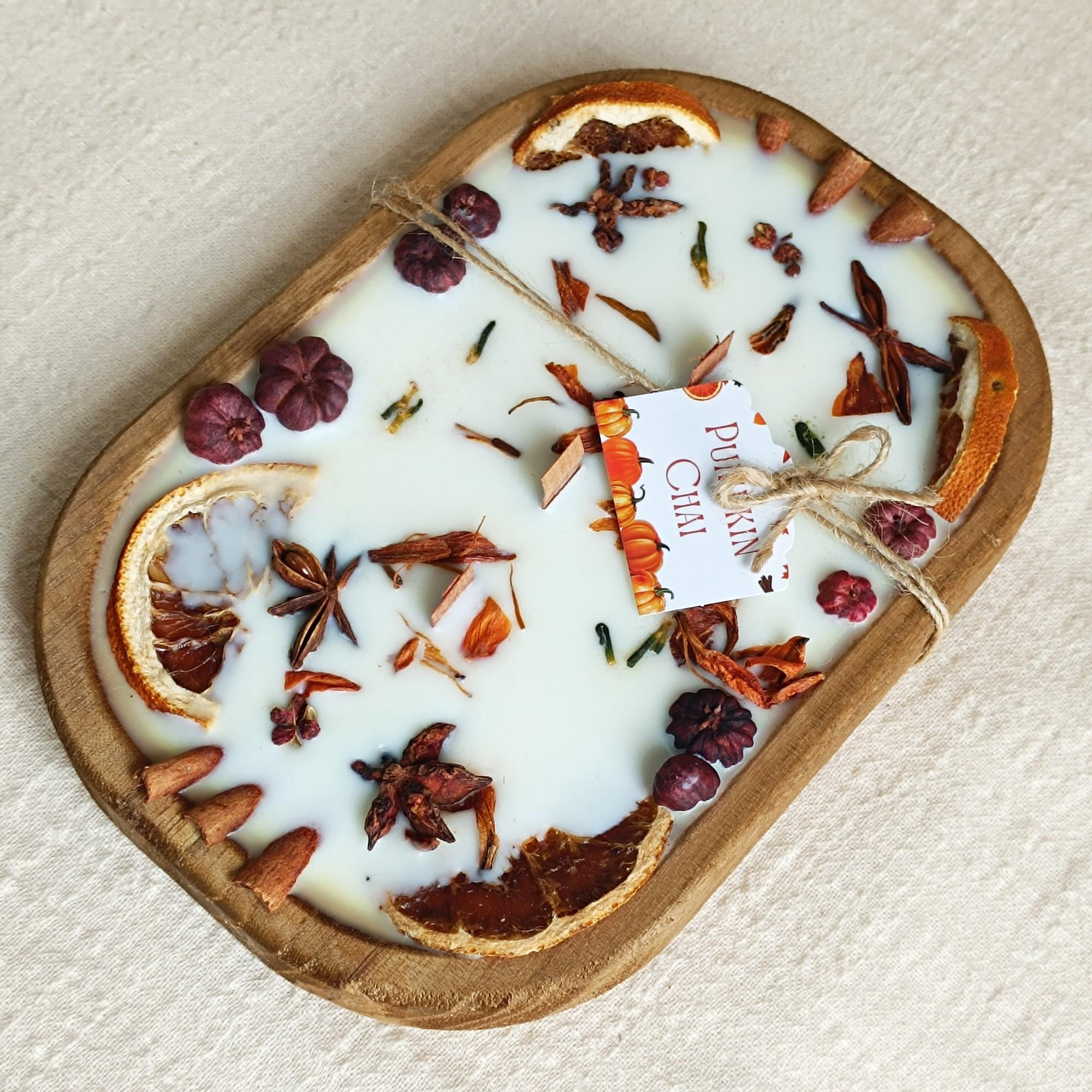 XINAOBAOLUO Handmade Soy Wax Dough Bowl Lavender Scented Candle, 3 Cotton Wicks, Wooden with Dried Fruit Decor, Autumn Home Decor Halloween Gift