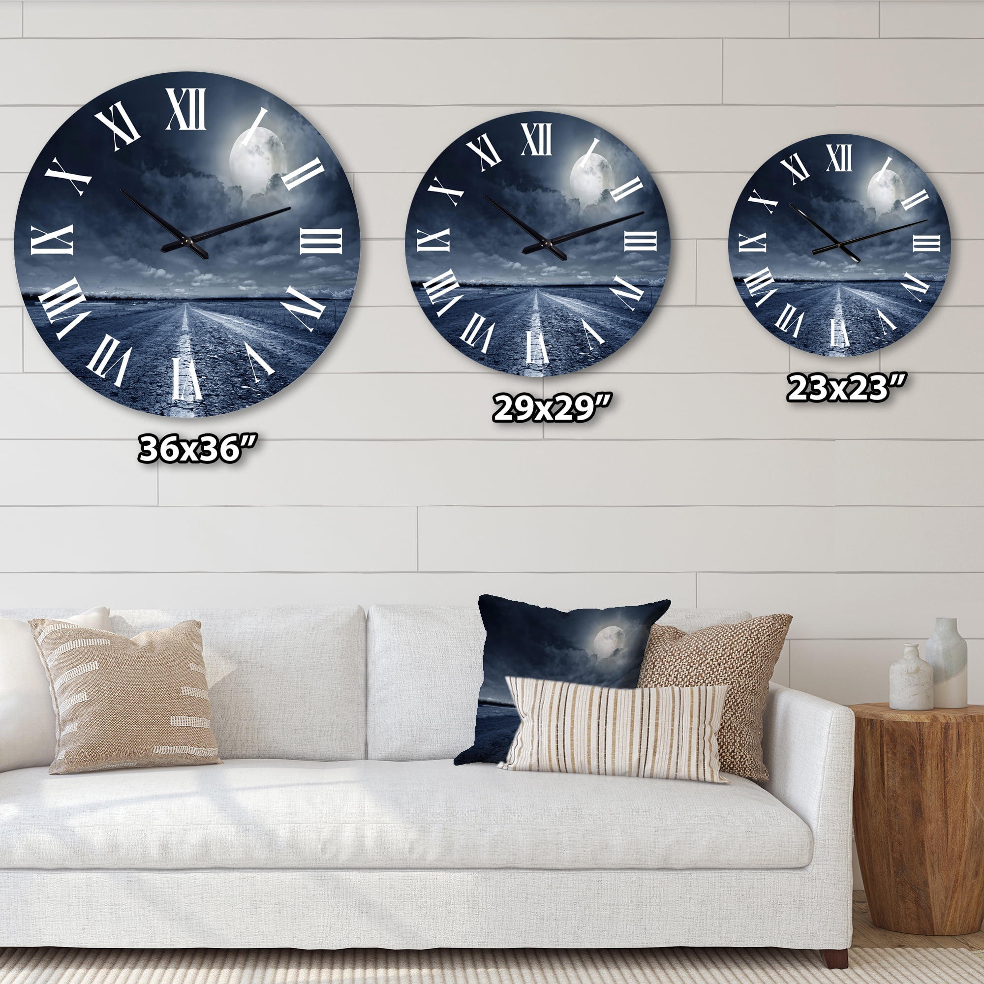 Designart 'Asphalt Road Under Cloudy Full Moon I' Nautical & Coastal Wall Clock